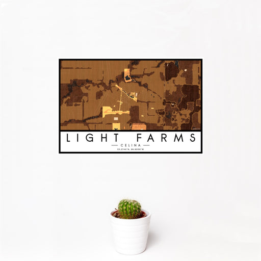 12x18 Light Farms Celina Map Print Landscape Orientation in Ember Style With Small Cactus Plant in White Planter