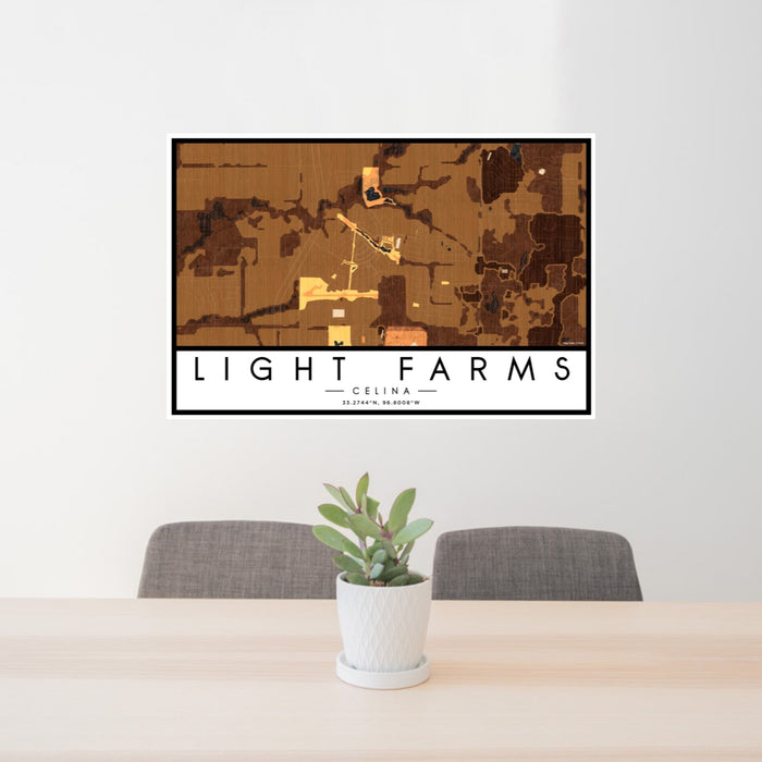 24x36 Light Farms Celina Map Print Landscape Orientation in Ember Style Behind 2 Chairs Table and Potted Plant