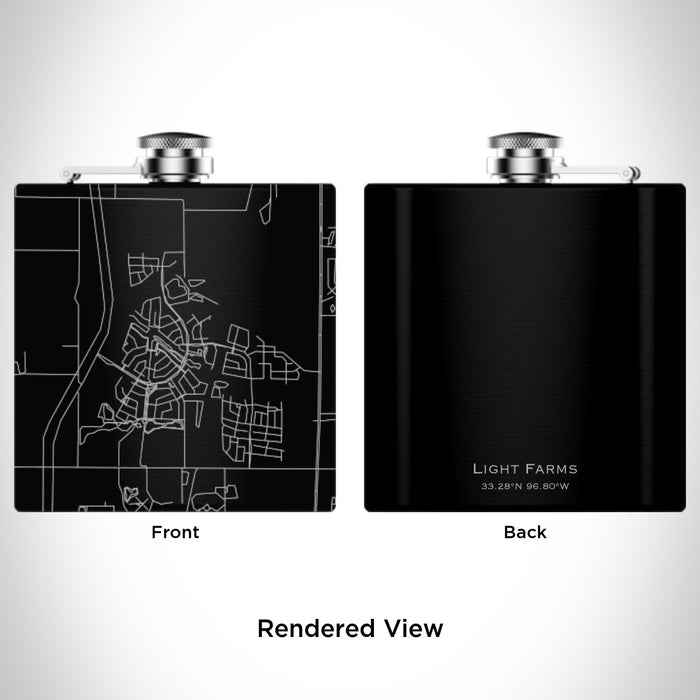 Rendered View of Light Farms Celina Map Engraving on 6oz Stainless Steel Flask in Black