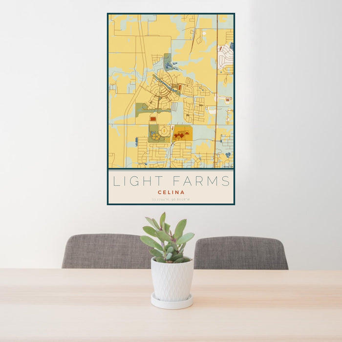 24x36 Light Farms Celina Map Print Portrait Orientation in Woodblock Style Behind 2 Chairs Table and Potted Plant