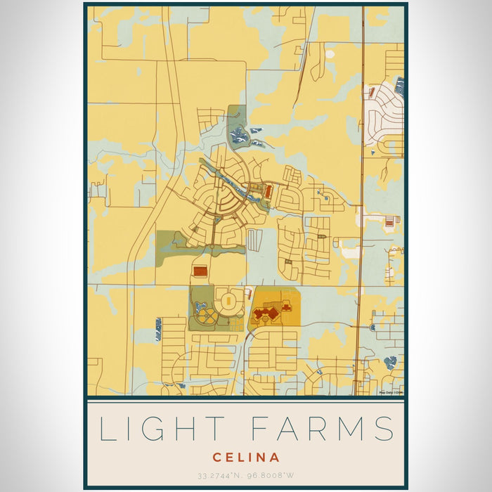 Light Farms Celina Map Print Portrait Orientation in Woodblock Style With Shaded Background