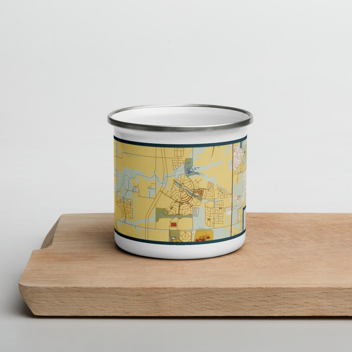 Front View Custom Light Farms Celina Map Enamel Mug in Woodblock on Cutting Board
