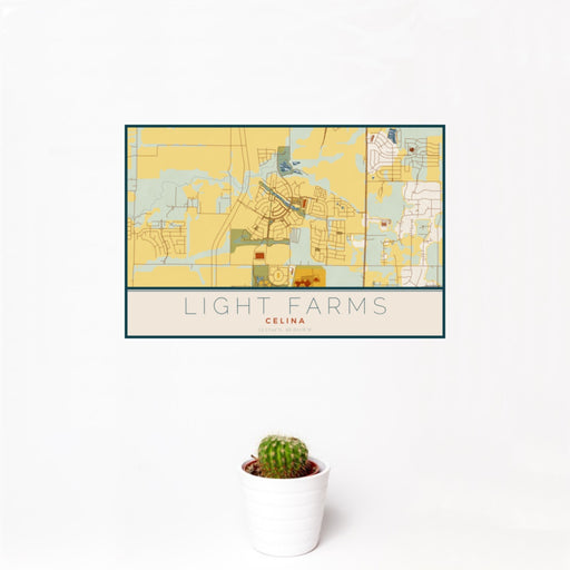 12x18 Light Farms Celina Map Print Landscape Orientation in Woodblock Style With Small Cactus Plant in White Planter