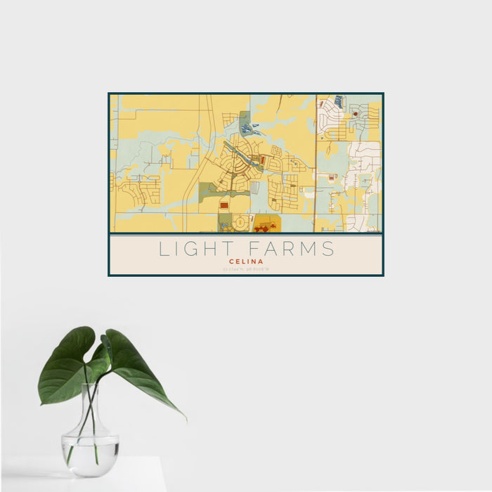 16x24 Light Farms Celina Map Print Landscape Orientation in Woodblock Style With Tropical Plant Leaves in Water