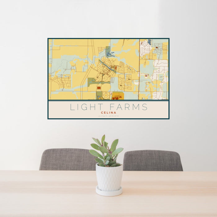 24x36 Light Farms Celina Map Print Landscape Orientation in Woodblock Style Behind 2 Chairs Table and Potted Plant