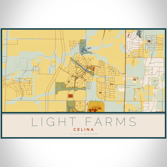 Light Farms Celina Map Print Landscape Orientation in Woodblock Style With Shaded Background