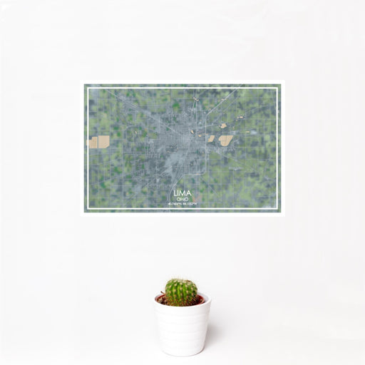 12x18 Lima Ohio Map Print Landscape Orientation in Afternoon Style With Small Cactus Plant in White Planter