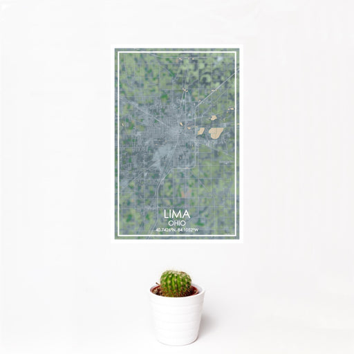 12x18 Lima Ohio Map Print Portrait Orientation in Afternoon Style With Small Cactus Plant in White Planter