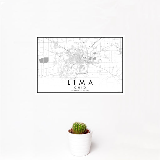 12x18 Lima Ohio Map Print Landscape Orientation in Classic Style With Small Cactus Plant in White Planter