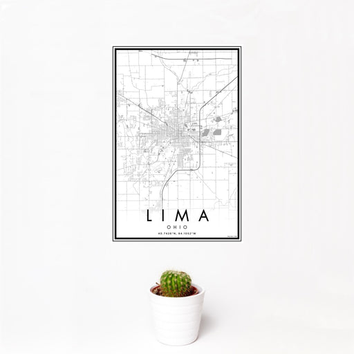 12x18 Lima Ohio Map Print Portrait Orientation in Classic Style With Small Cactus Plant in White Planter