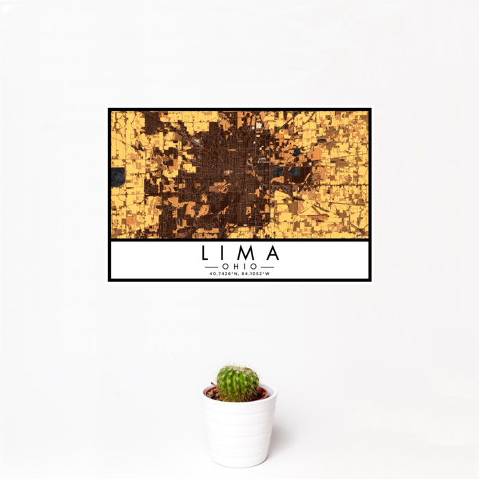 12x18 Lima Ohio Map Print Landscape Orientation in Ember Style With Small Cactus Plant in White Planter