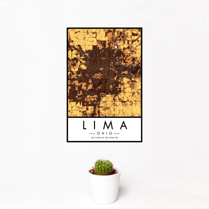12x18 Lima Ohio Map Print Portrait Orientation in Ember Style With Small Cactus Plant in White Planter
