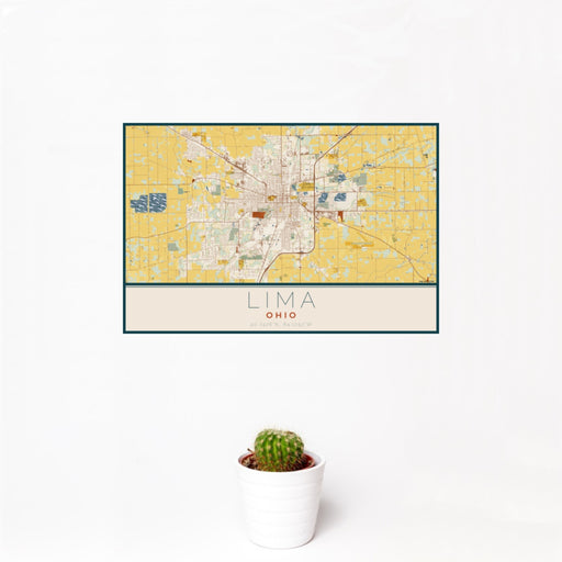 12x18 Lima Ohio Map Print Landscape Orientation in Woodblock Style With Small Cactus Plant in White Planter