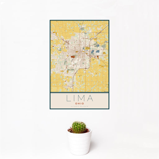 12x18 Lima Ohio Map Print Portrait Orientation in Woodblock Style With Small Cactus Plant in White Planter