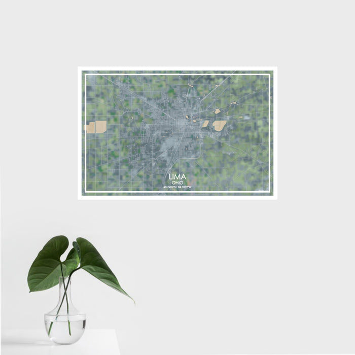 16x24 Lima Ohio Map Print Landscape Orientation in Afternoon Style With Tropical Plant Leaves in Water