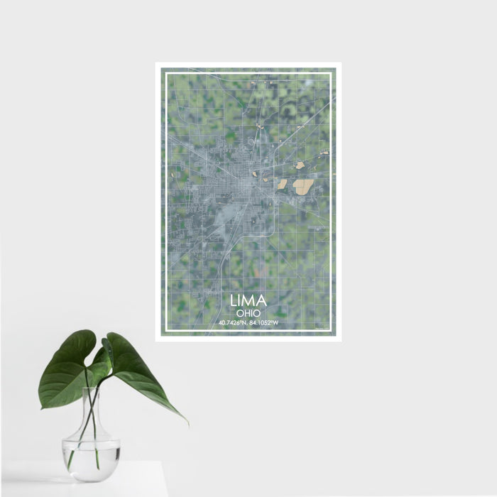 16x24 Lima Ohio Map Print Portrait Orientation in Afternoon Style With Tropical Plant Leaves in Water