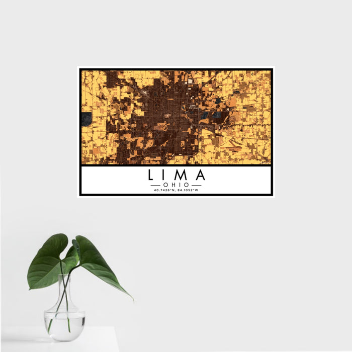 16x24 Lima Ohio Map Print Landscape Orientation in Ember Style With Tropical Plant Leaves in Water