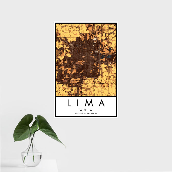 16x24 Lima Ohio Map Print Portrait Orientation in Ember Style With Tropical Plant Leaves in Water