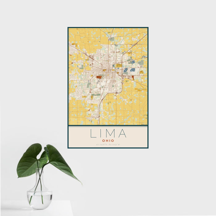 16x24 Lima Ohio Map Print Portrait Orientation in Woodblock Style With Tropical Plant Leaves in Water