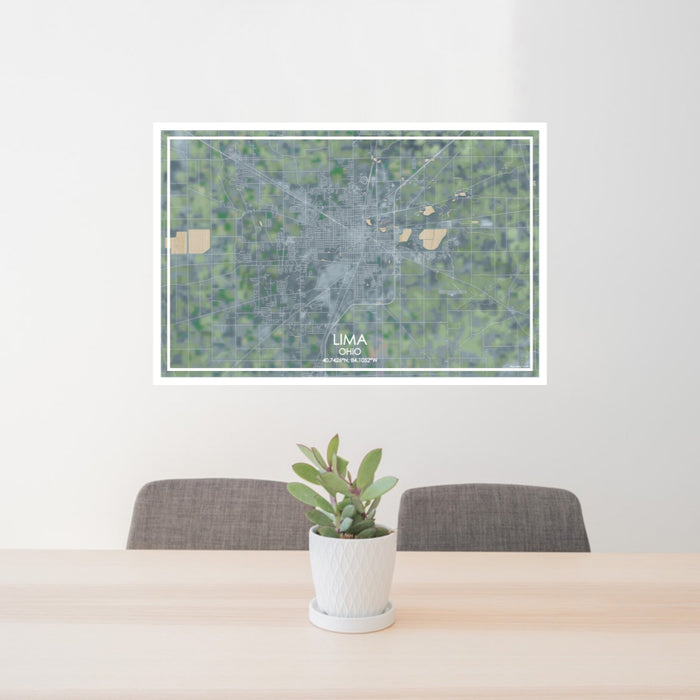 24x36 Lima Ohio Map Print Lanscape Orientation in Afternoon Style Behind 2 Chairs Table and Potted Plant