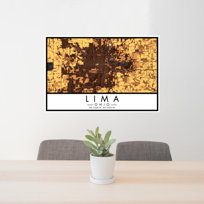 24x36 Lima Ohio Map Print Lanscape Orientation in Ember Style Behind 2 Chairs Table and Potted Plant
