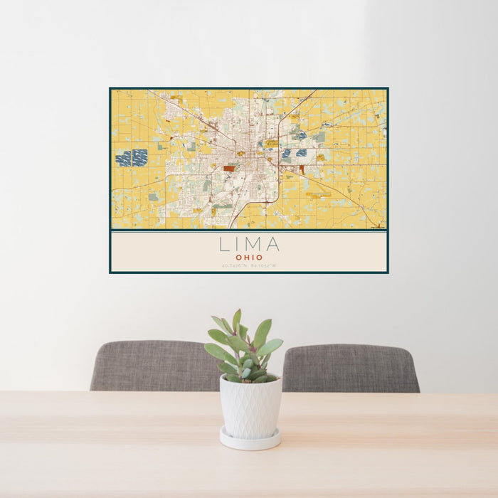 24x36 Lima Ohio Map Print Lanscape Orientation in Woodblock Style Behind 2 Chairs Table and Potted Plant