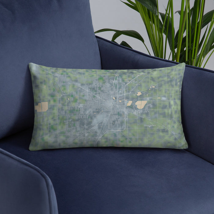 Custom Lima Ohio Map Throw Pillow in Afternoon on Blue Colored Chair