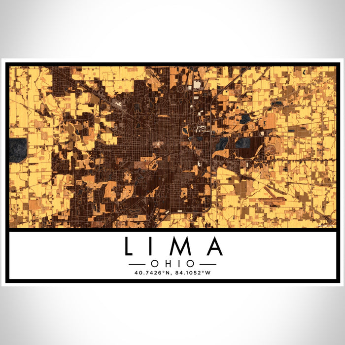 Lima Ohio Map Print Landscape Orientation in Ember Style With Shaded Background