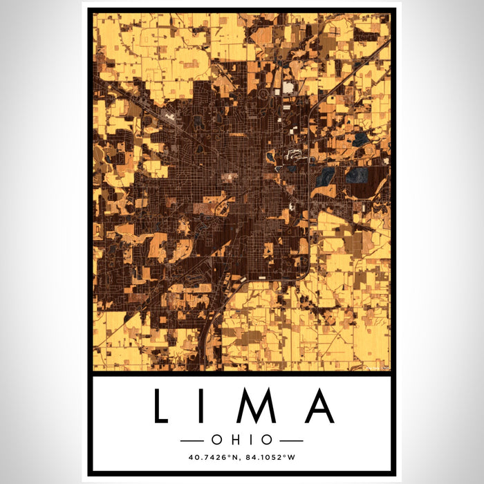 Lima Ohio Map Print Portrait Orientation in Ember Style With Shaded Background