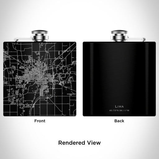 Rendered View of Lima Ohio Map Engraving on 6oz Stainless Steel Flask in Black