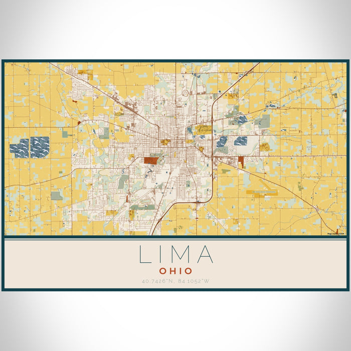 Lima Ohio Map Print Landscape Orientation in Woodblock Style With Shaded Background