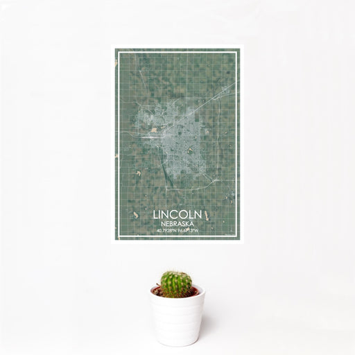 12x18 Lincoln Nebraska Map Print Portrait Orientation in Afternoon Style With Small Cactus Plant in White Planter