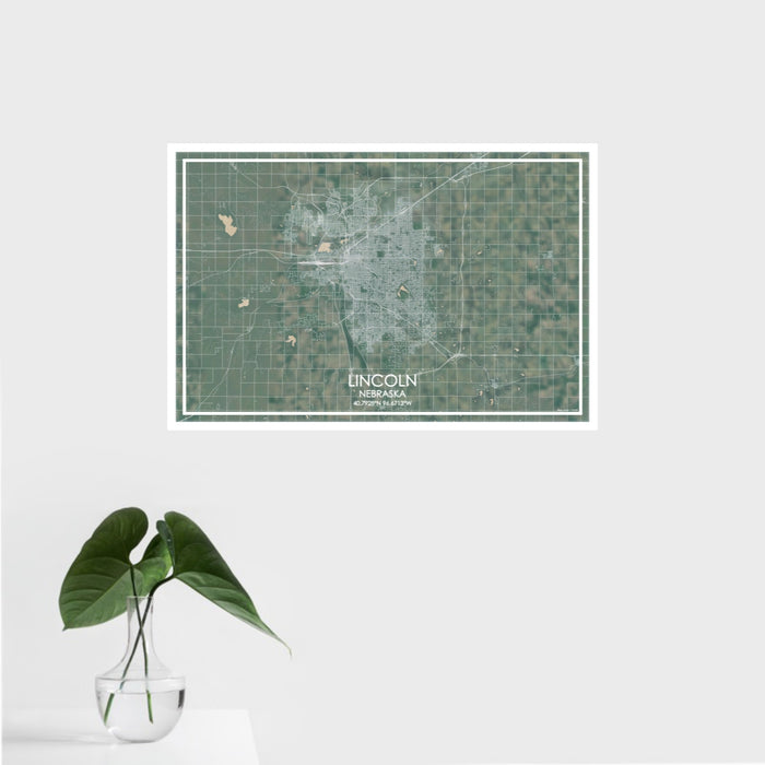16x24 Lincoln Nebraska Map Print Landscape Orientation in Afternoon Style With Tropical Plant Leaves in Water