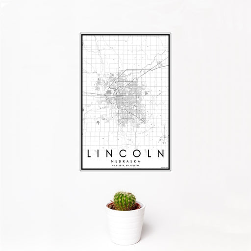 12x18 Lincoln Nebraska Map Print Portrait Orientation in Classic Style With Small Cactus Plant in White Planter