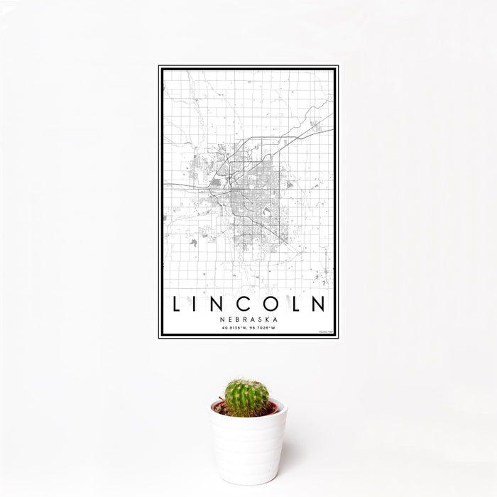 12x18 Lincoln Nebraska Map Print Portrait Orientation in Classic Style With Small Cactus Plant in White Planter