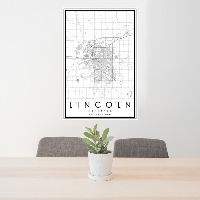 24x36 Lincoln Nebraska Map Print Portrait Orientation in Classic Style Behind 2 Chairs Table and Potted Plant