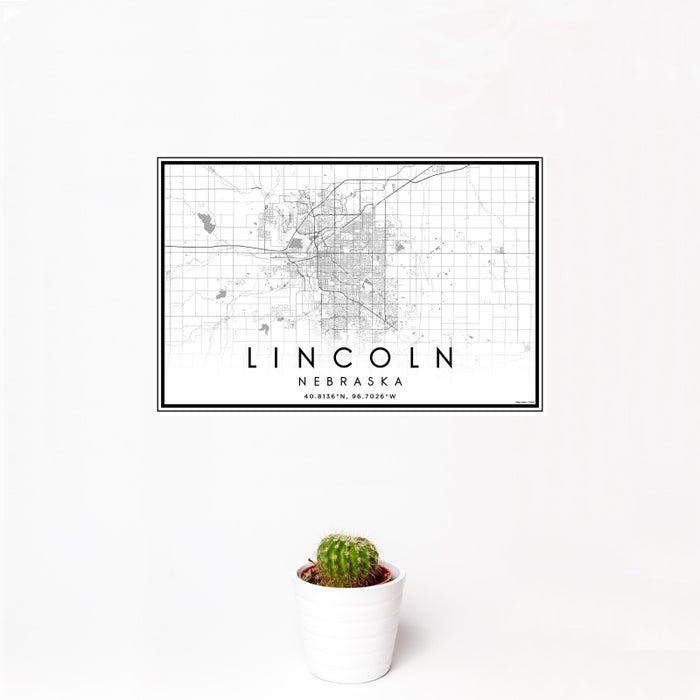 12x18 Lincoln Nebraska Map Print Landscape Orientation in Classic Style With Small Cactus Plant in White Planter