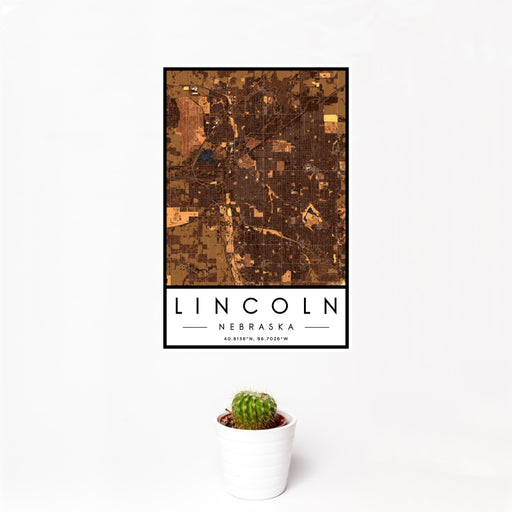 12x18 Lincoln Nebraska Map Print Portrait Orientation in Ember Style With Small Cactus Plant in White Planter