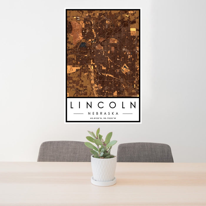 24x36 Lincoln Nebraska Map Print Portrait Orientation in Ember Style Behind 2 Chairs Table and Potted Plant