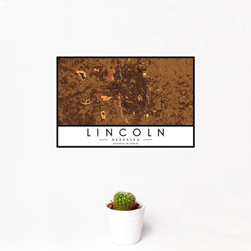 12x18 Lincoln Nebraska Map Print Landscape Orientation in Ember Style With Small Cactus Plant in White Planter