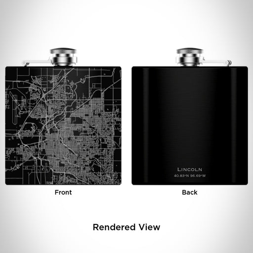 Rendered View of Lincoln Nebraska Map Engraving on 6oz Stainless Steel Flask in Black
