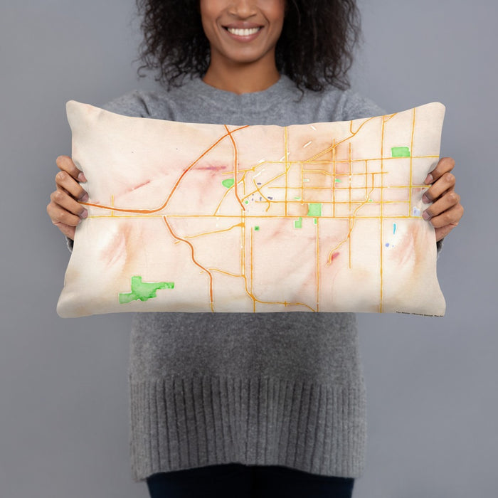 Person holding 20x12 Custom Lincoln Nebraska Map Throw Pillow in Watercolor