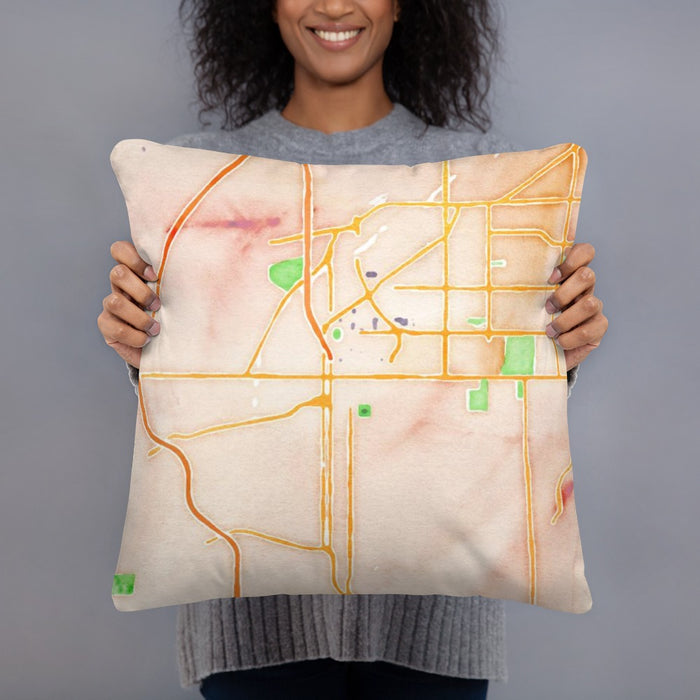 Person holding 18x18 Custom Lincoln Nebraska Map Throw Pillow in Watercolor