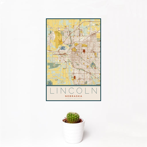 12x18 Lincoln Nebraska Map Print Portrait Orientation in Woodblock Style With Small Cactus Plant in White Planter