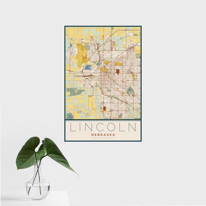 16x24 Lincoln Nebraska Map Print Portrait Orientation in Woodblock Style With Tropical Plant Leaves in Water