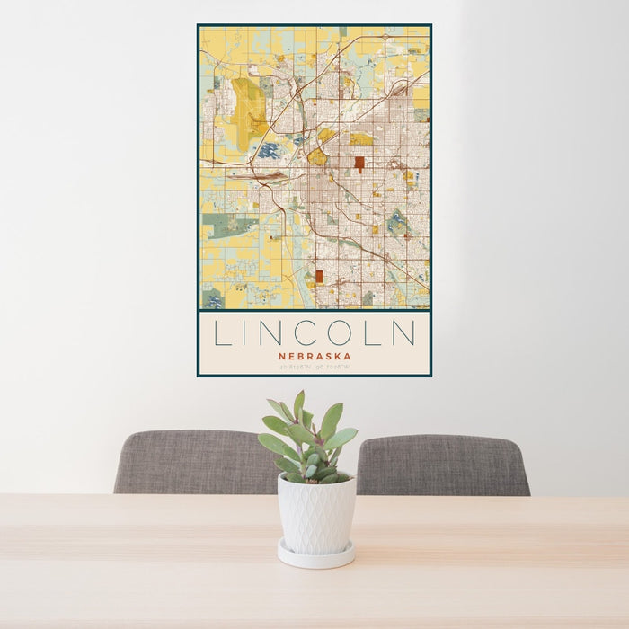 24x36 Lincoln Nebraska Map Print Portrait Orientation in Woodblock Style Behind 2 Chairs Table and Potted Plant