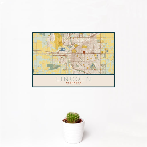 12x18 Lincoln Nebraska Map Print Landscape Orientation in Woodblock Style With Small Cactus Plant in White Planter