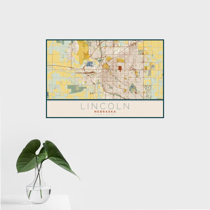 16x24 Lincoln Nebraska Map Print Landscape Orientation in Woodblock Style With Tropical Plant Leaves in Water