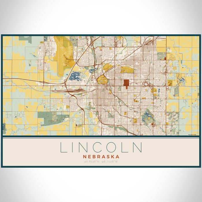 Lincoln Nebraska Map Print Landscape Orientation in Woodblock Style With Shaded Background