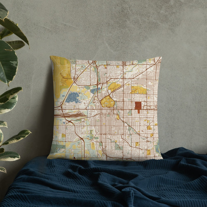 Custom Lincoln Nebraska Map Throw Pillow in Woodblock on Bedding Against Wall
